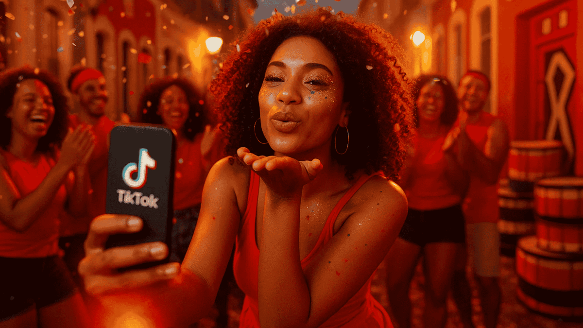 Brazilian girl blows a kiss mid-samba during Salvador Carnival, live-streaming amid confetti, dancers, and glowing sunset lights.