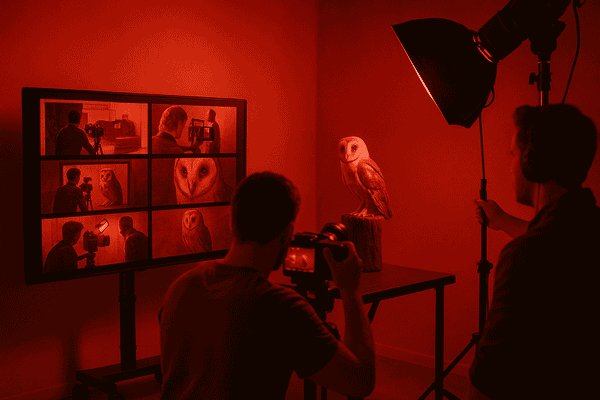 Film crew in red-lit studio films a barn owl on a stand with storyboard reference on a monitor.