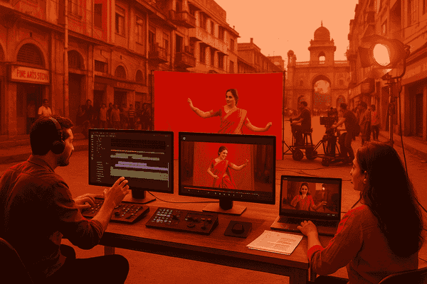 Film crew edits video of woman in red saree on a Mumbai street set dominated by red tones and studio lights.