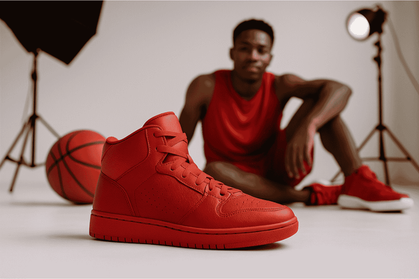 Red athletic shoe on white studio floor with basketball and male athlete in red attire posing behind.