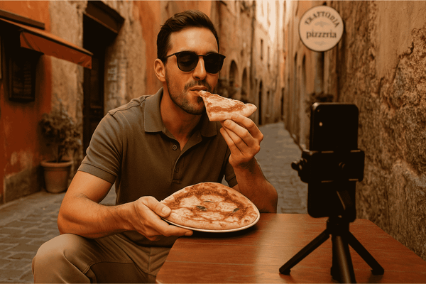 Mediterranean man in khaki polo eats pizza while filming himself with a phone on a tripod in Italian alley.