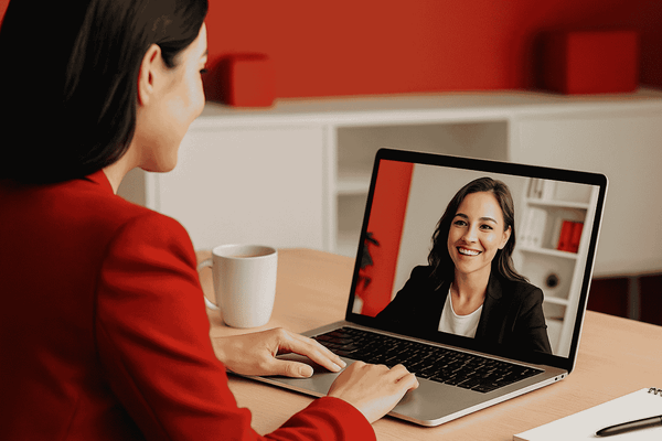 Woman in red blazer video calls a smiling sales rep on her laptop in a red-accented home office setting.