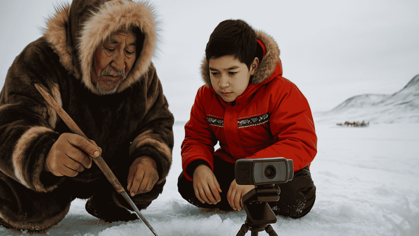 Inuit elder and boy kneel by ice fishing hole, filmed by webcam on tripod in snowy Nunavut landscape.