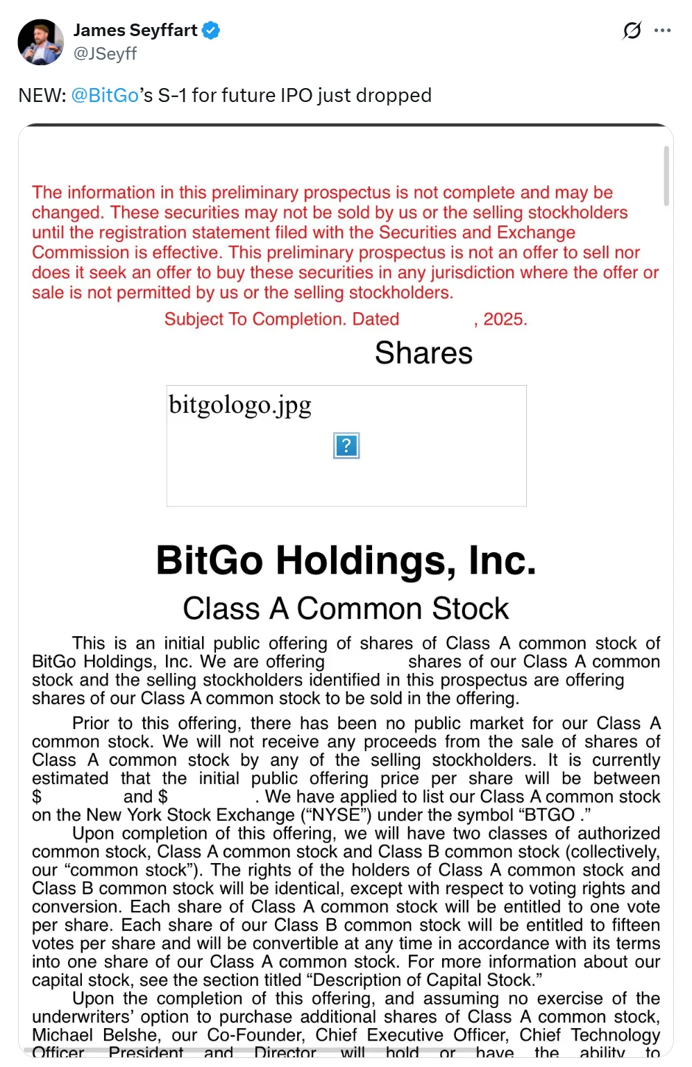 BitGo Files for U.S. IPO with $90.3B in Assets Under Custody, Eyes NYSE Listing