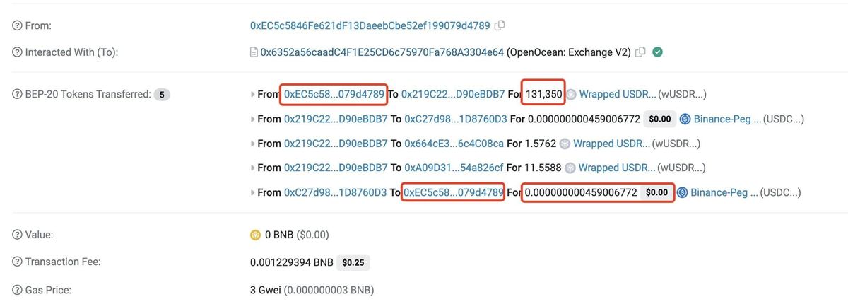 Trader Swaps 131,350 USDR for 0 USDC