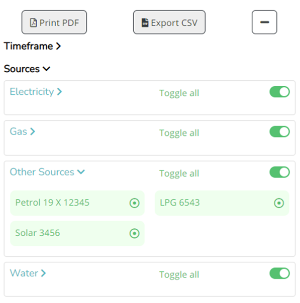 Screenshot of filter controls on the EnergyElephant dashboard