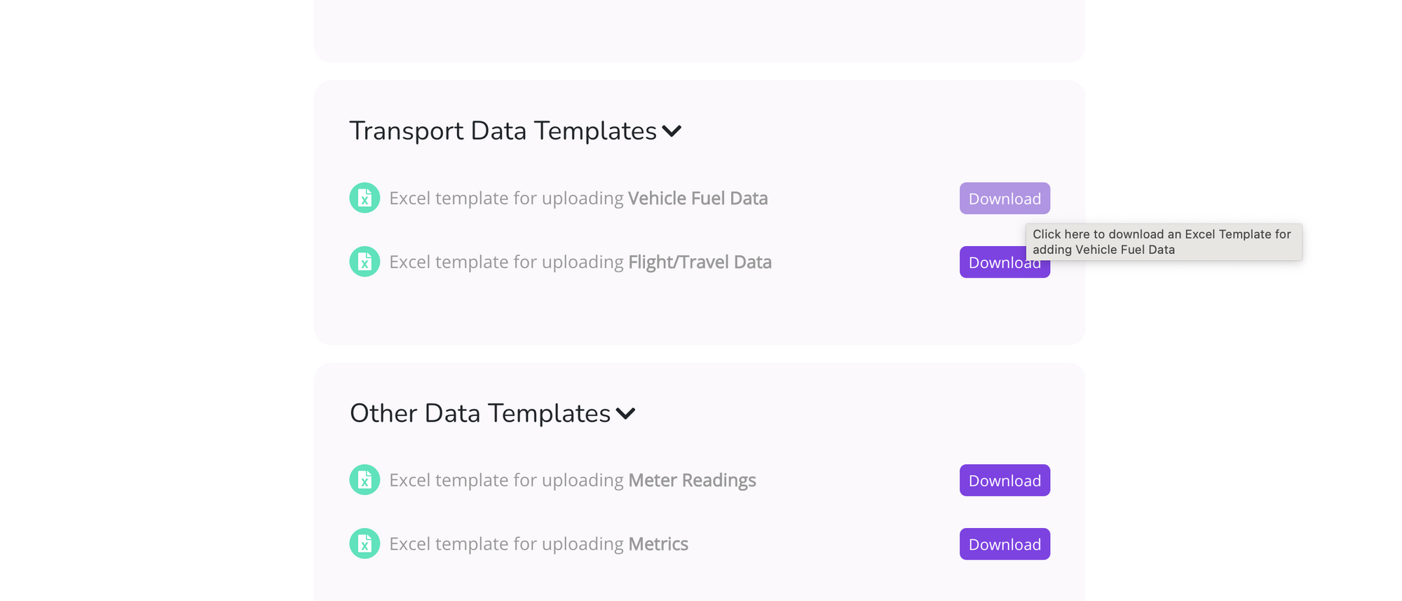 Screenshot of optional data templates