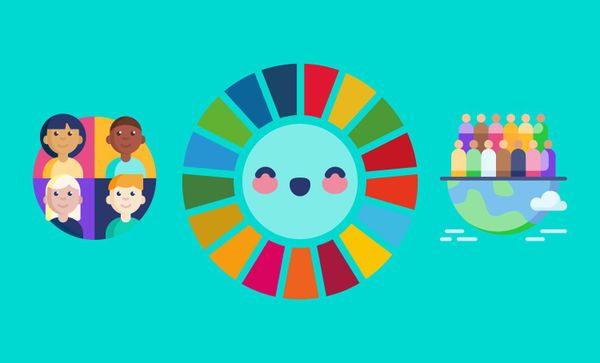 Sustainable Development Goals emblem surrounded by communities of the world