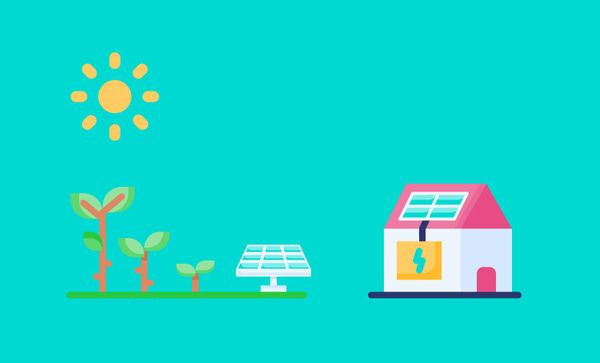 Solar panels in a field and on the roof of a house generating electricity