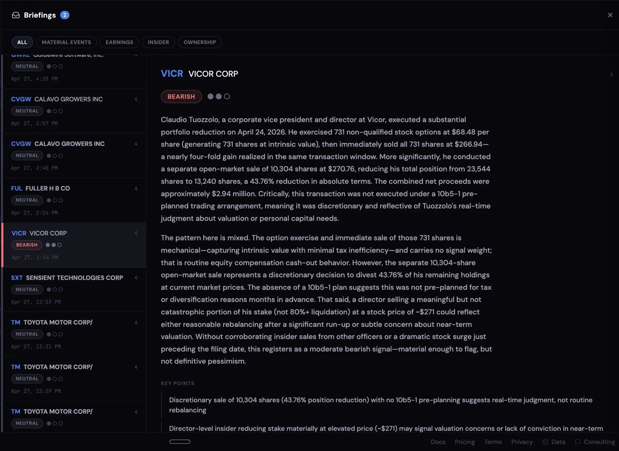 Briefings inbox with an AI-extracted insider-trading brief for Vicor Corp