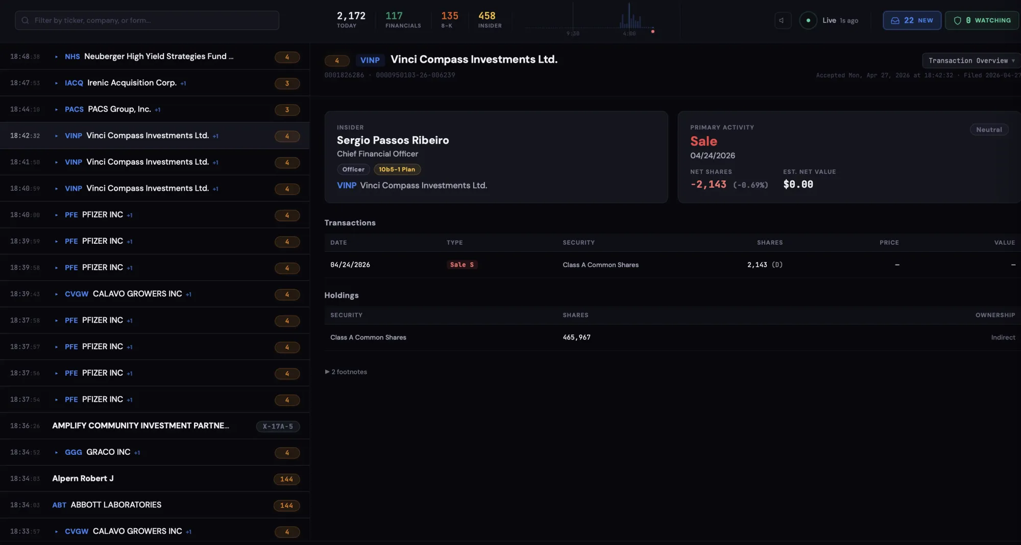 Live Filings real-time SEC feed showing a Form 4 insider transaction detail panel in edgar.tools