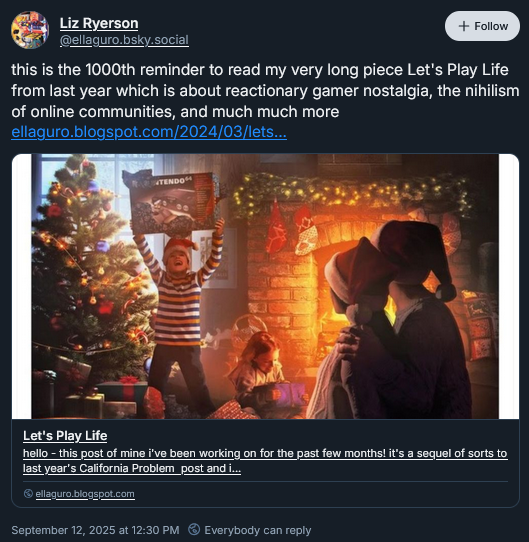 Bluesky post by Liz Ryerson linking to an article about "reactionary gamer nostalgia," featuring an AI image of a child getting an N64 for Christmas.