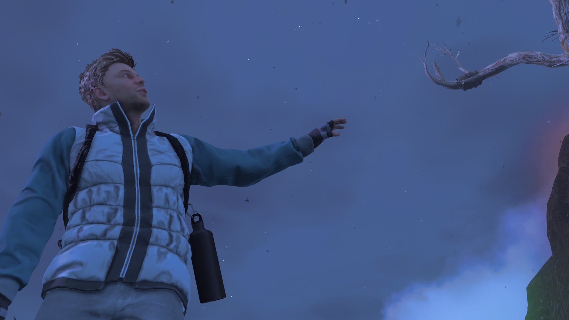 Mark from Baby Steps reaching towards a tree branch shaped like a hand, in the fashion of Michaelangelo's "The Creation of Adam"