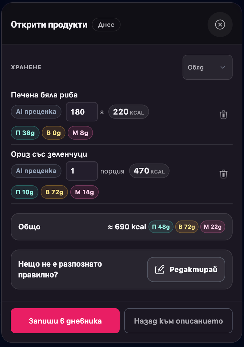Анализ с отделни храни, полета за количество, калории, макронутриенти и общ сбор
