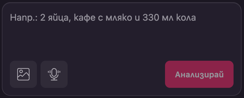 Едно поле с контроли за текст, снимка и глас и бутон за анализ