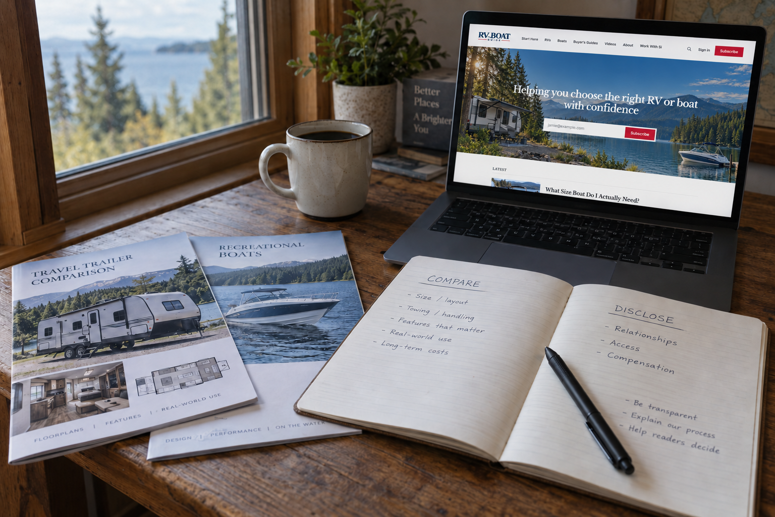Laptop displaying the RV Boat Guide homepage beside RV and boat brochures and a notebook with comparison notes and disclosure reminders.