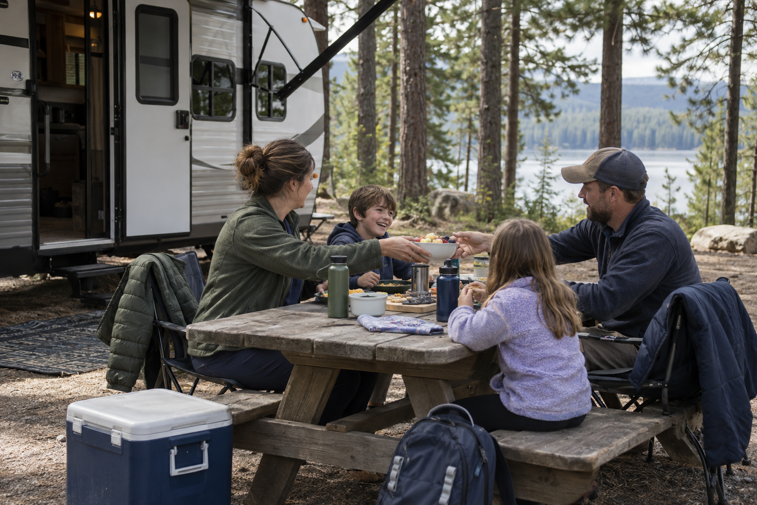 Family sharing a meal together at a picnic table beside their travel trailer at a wooded lakeside campsite.