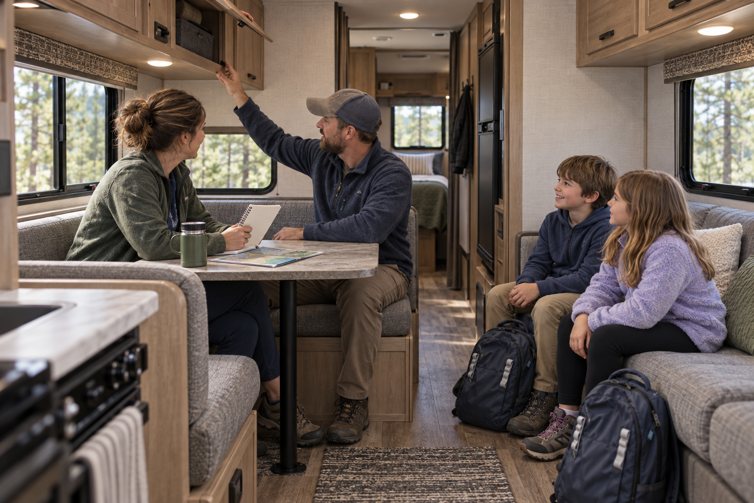 Family spending time together inside an RV, talking at the dinette and relaxing in the living area.