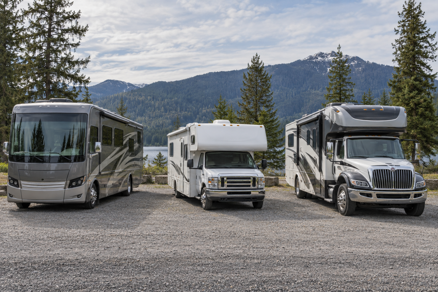 Class A, Class C, and Super C motorhomes parked side by side, showing their distinct front designs against a wooded mountain backdrop.