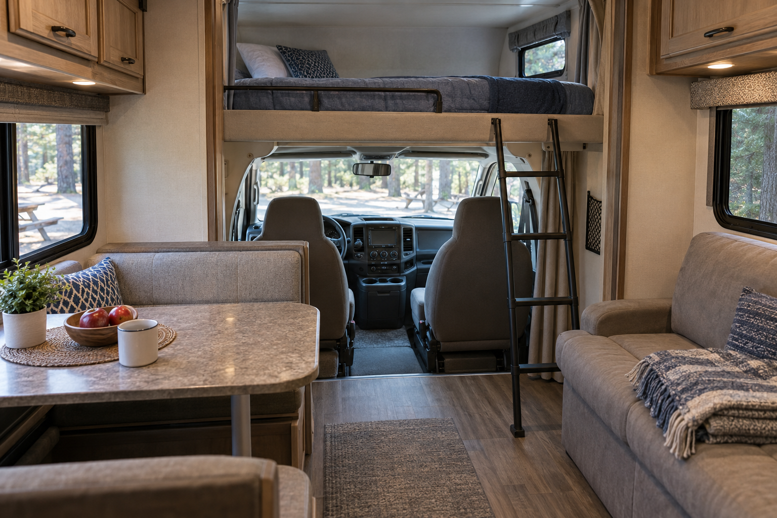 Class C motorhome interior showing an overhead bunk and ladder above the vehicle cab, with a dinette and sofa alongside the central walkway.