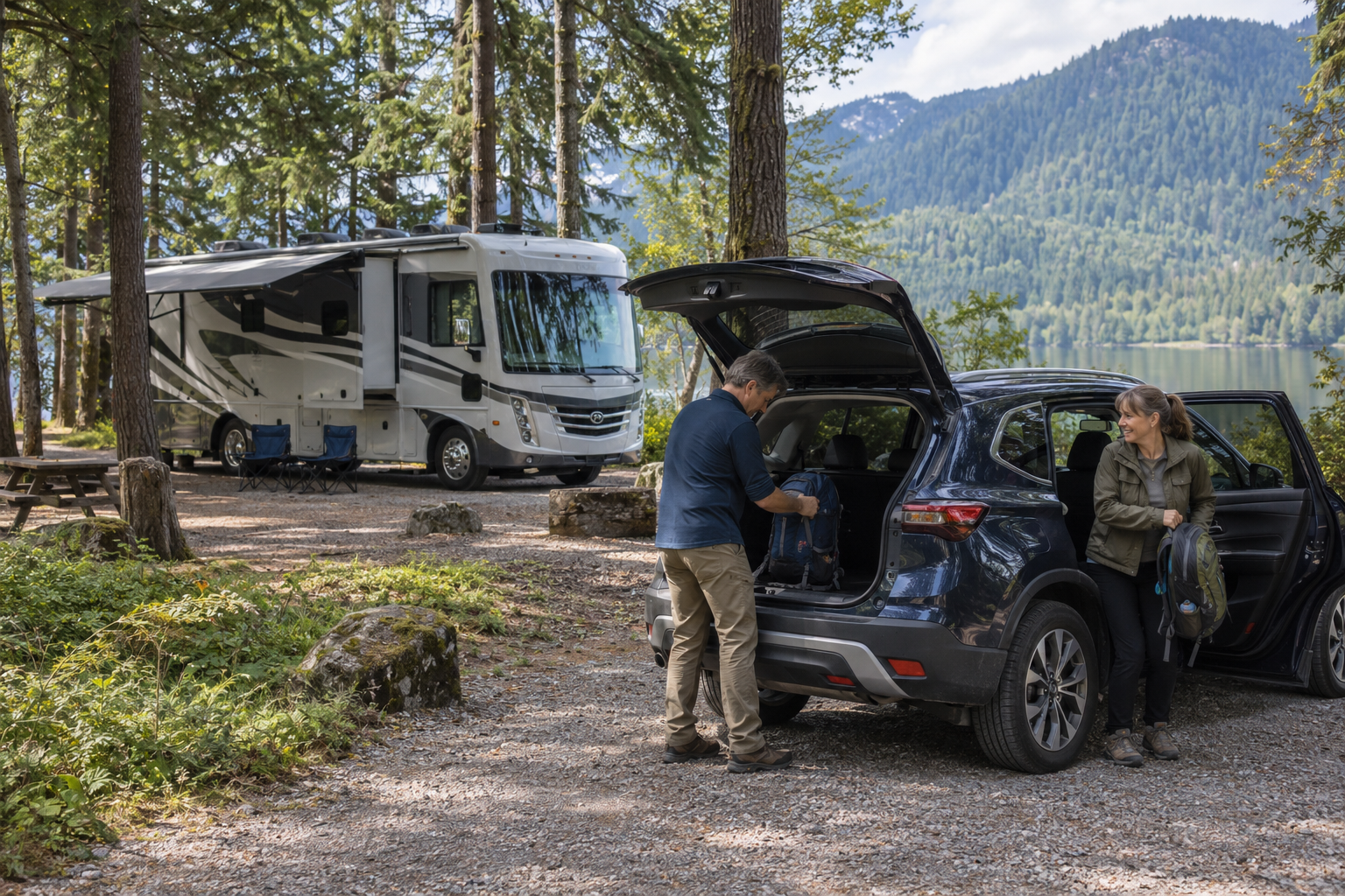 Couple loading daypacks into an SUV while their Class A motorhome remains set up at a wooded lakeside campsite.