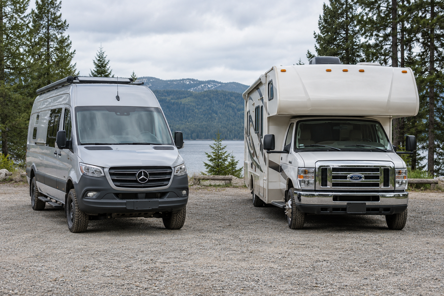 Front views of a narrow Class B camper van and a wider Class C motorhome with an overhead bunk, parked beside a mountain lake.