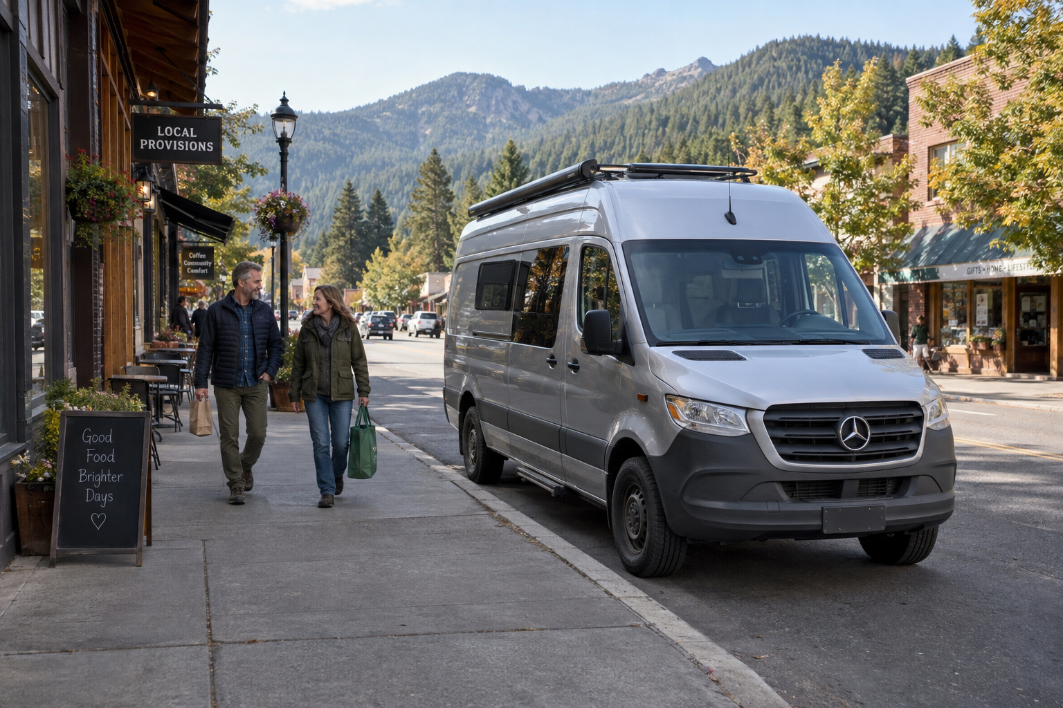 Couple carrying groceries toward a Class B camper van parked along a small mountain town’s main street.