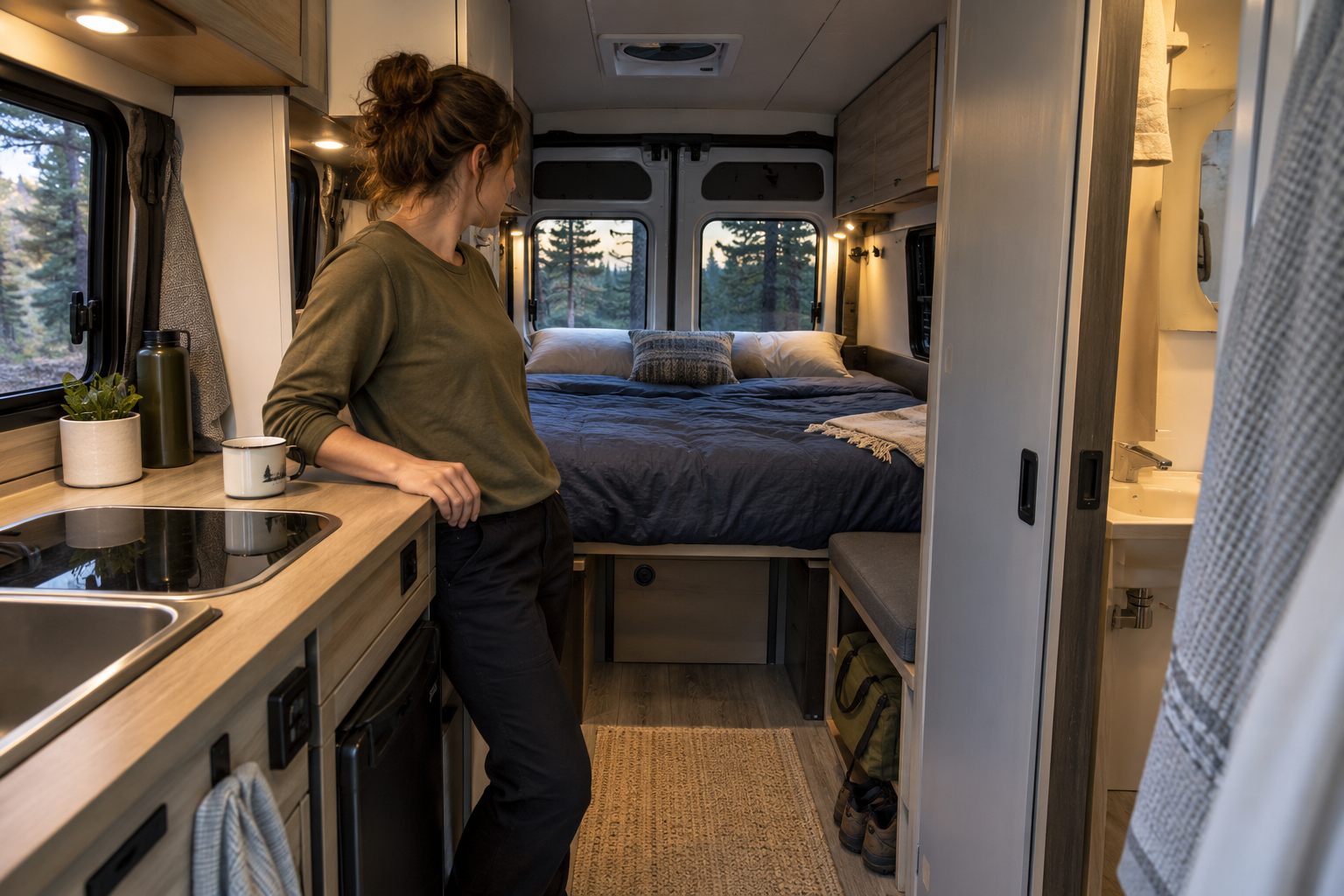 Woman checking a camper van’s nighttime layout, with the rear bed made up and the kitchen, bathroom doorway, and narrow aisle visible.
