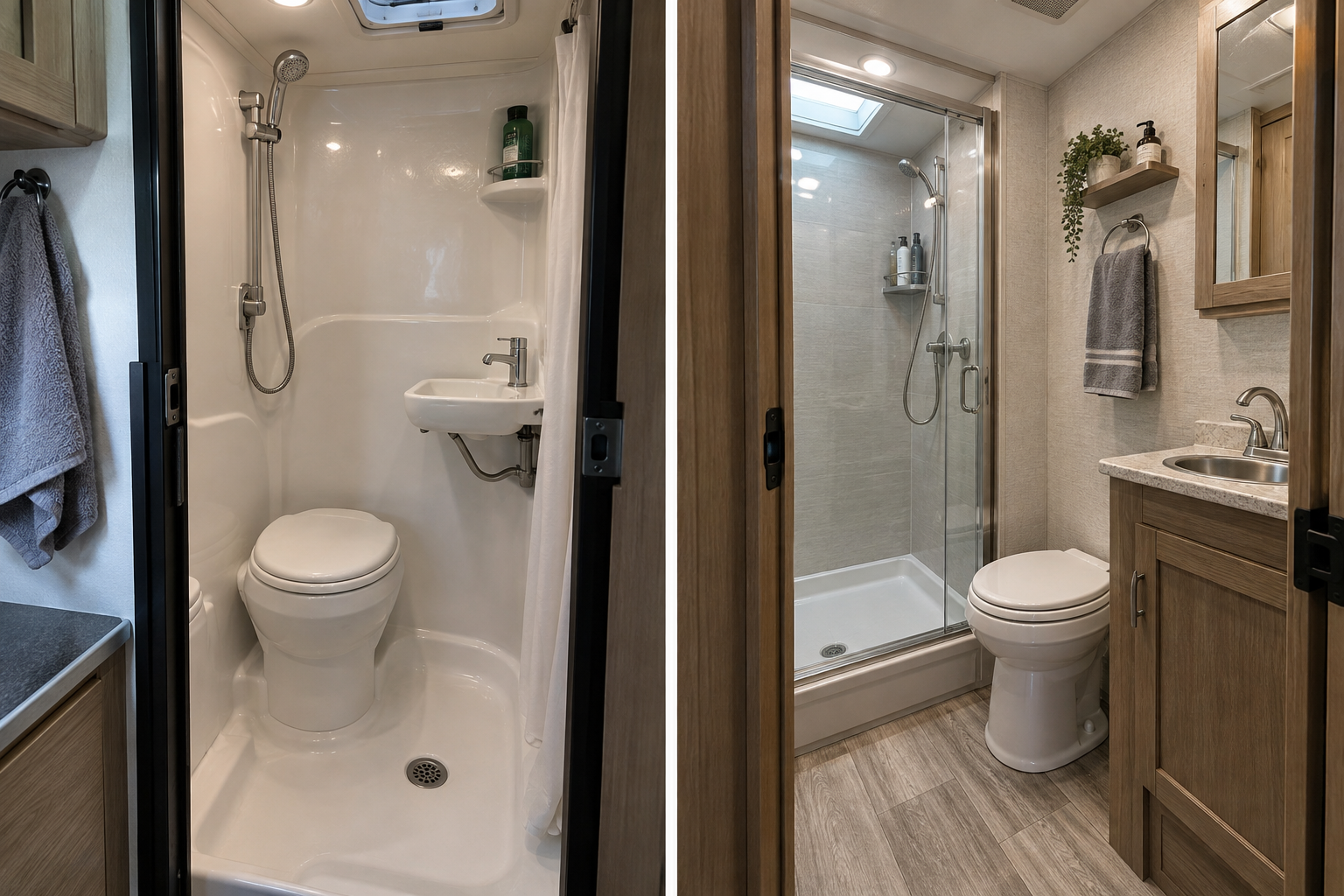 Side-by-side RV bathrooms: a wet bath with a shared shower and toilet space, and a dry bath with a separate shower enclosure.