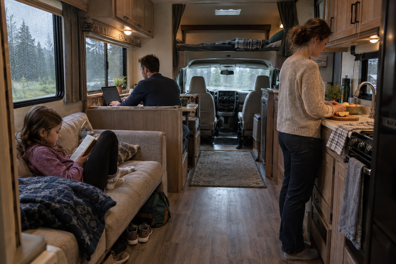 Family spending a rainy afternoon inside a Class C motorhome, reading on the sofa, working at the dinette, and preparing food in the kitchen.