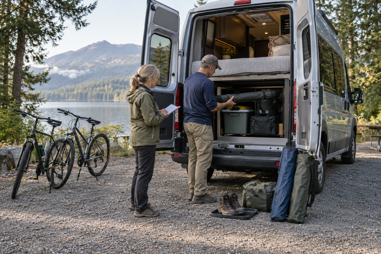 Couple checking camping gear against a packing list beside a camper van’s open rear storage area, with bicycles and hiking equipment nearby.