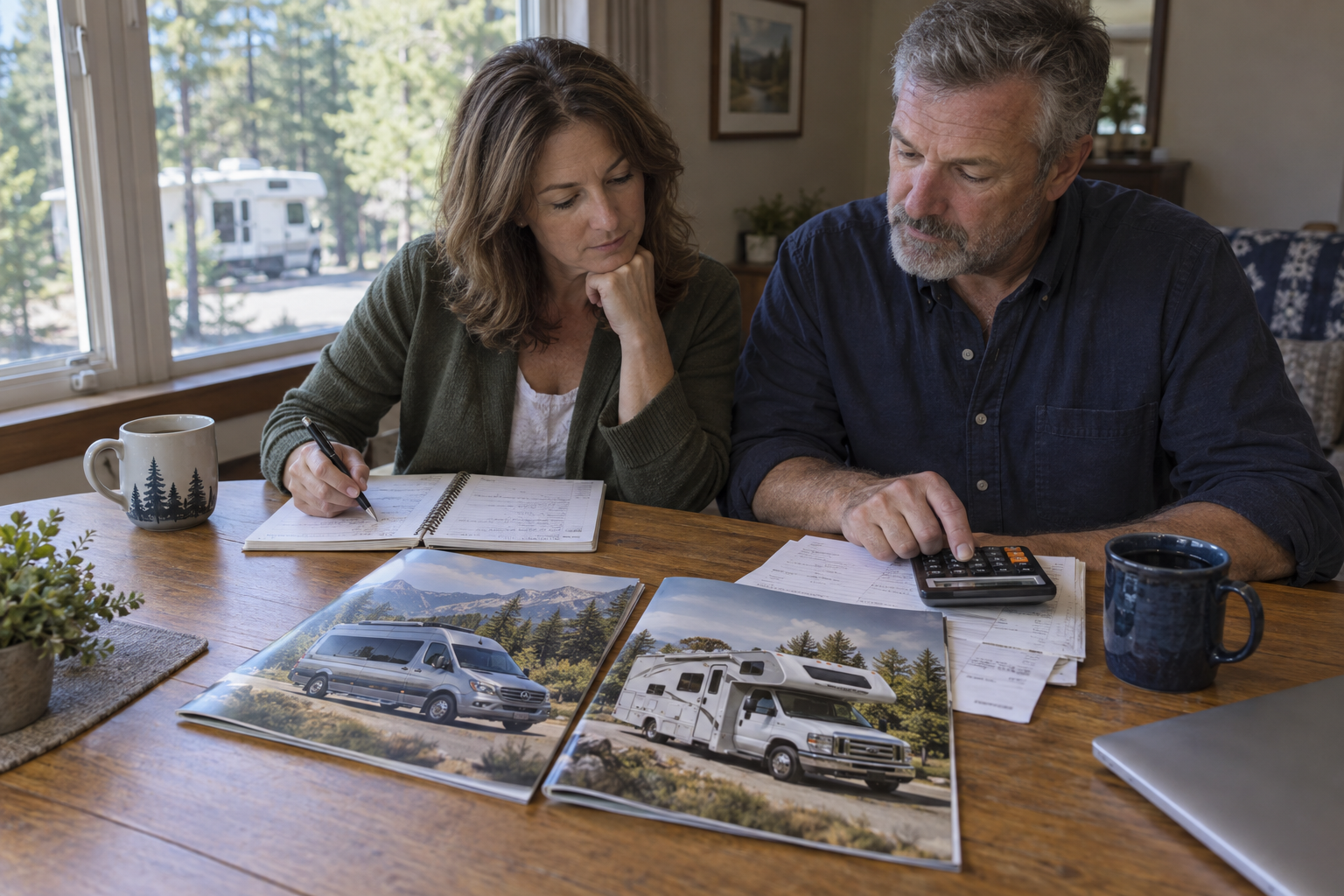Couple comparing Class B and Class C brochures with estimates, a notebook, and a calculator while planning ownership costs.