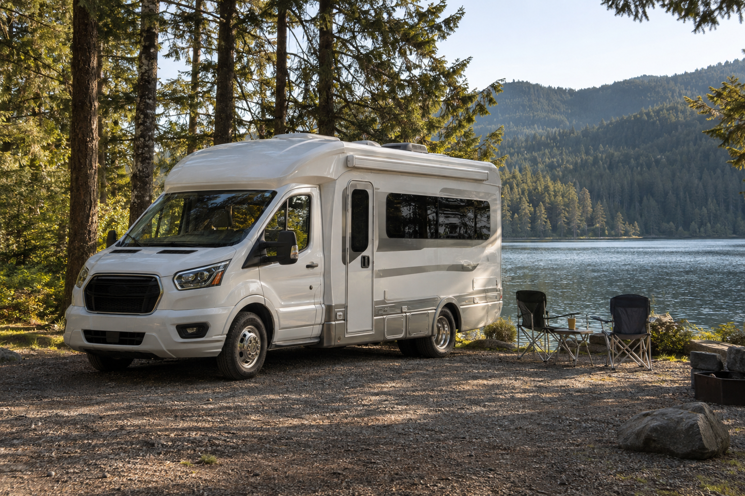 Compact B+ motorhome with a wider living body and streamlined roof above the cab, parked beside a lake with two camping chairs.