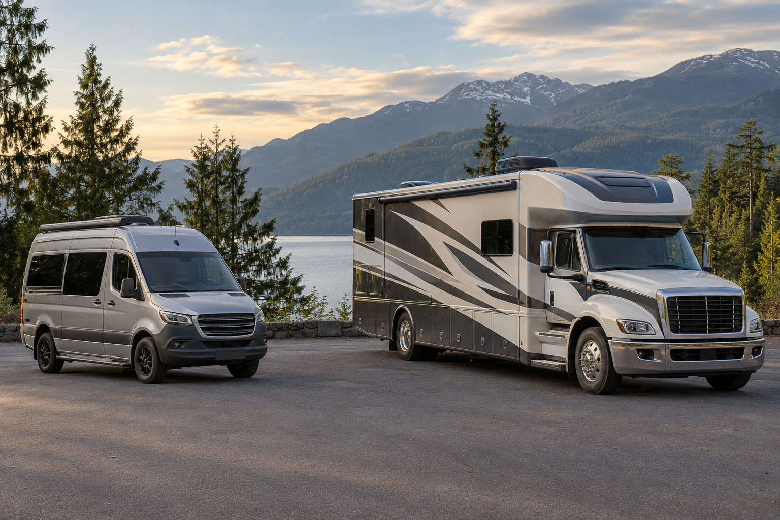 Compact Class B camper van beside a larger Super C motorhome with a commercial truck cab at a scenic lakeside turnout.