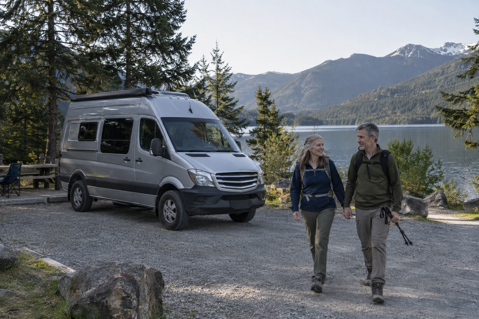 Couple setting out for a hike with daypacks beside their Class B camper van at a lakeside mountain campsite.