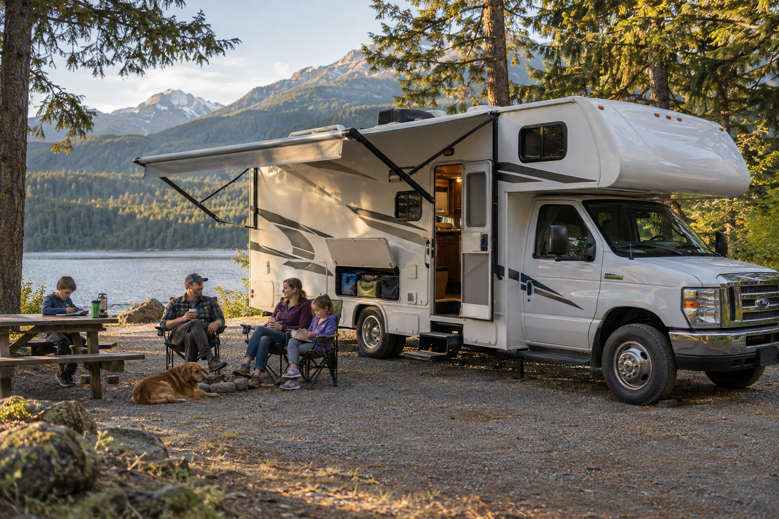 Family relaxing beside a Class C motorhome at a lakeside campsite, with its awning extended and exterior storage compartment open.