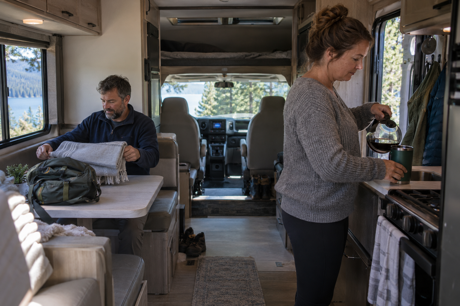 Couple preparing coffee and folding bedding inside a Class C motorhome, with the dinette, kitchen, and driving cab visible.