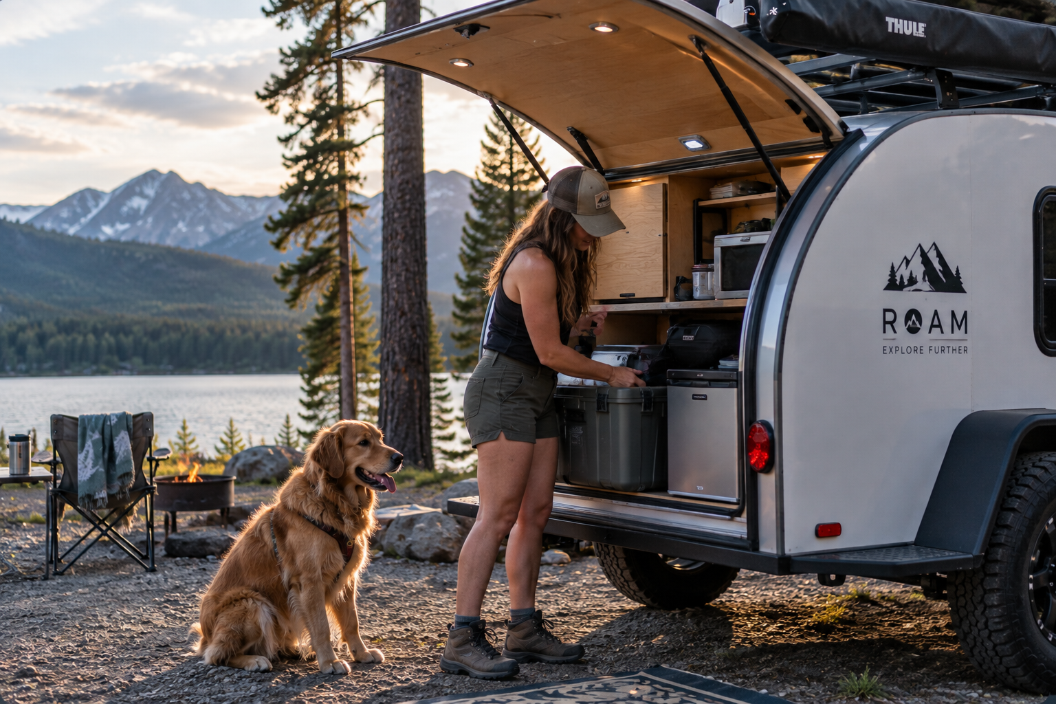 Young woman setting up a small teardrop camper with her dog at a scenic mountain lake campsite.