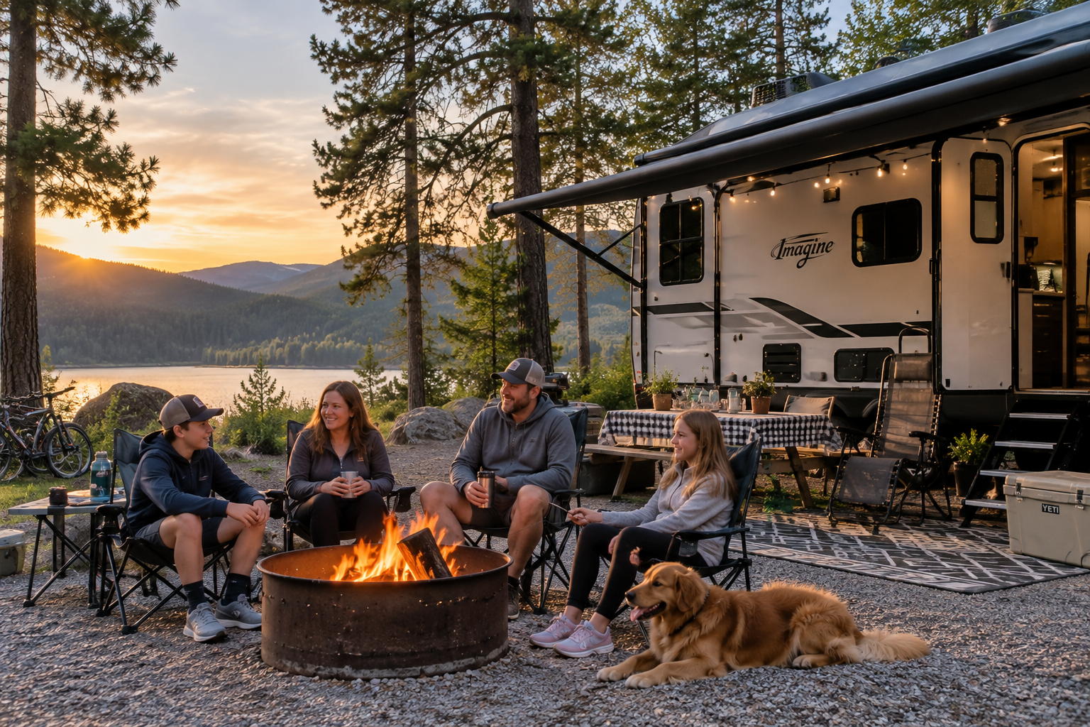 Family enjoying a lakeside RV campsite at sunset