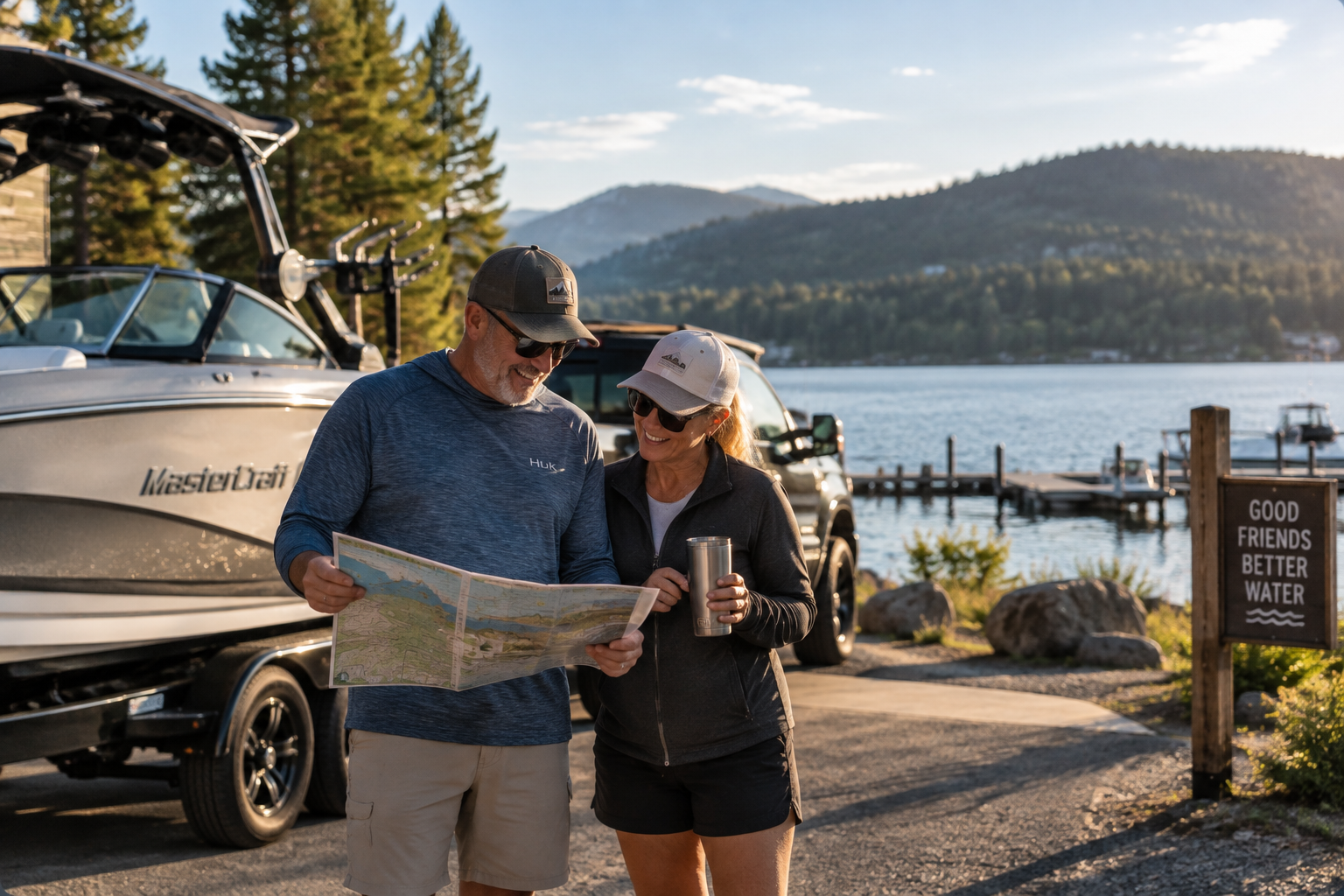 Older couple reviewing a map beside their boat at a scenic mountain lake.