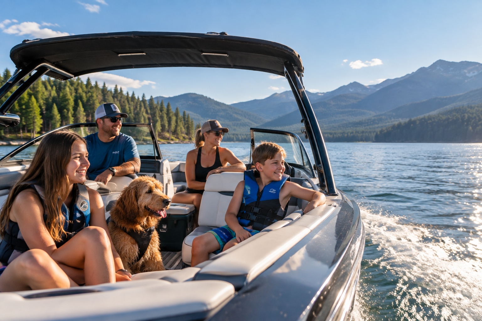 Family enjoying a recreational boat on a mountain lake