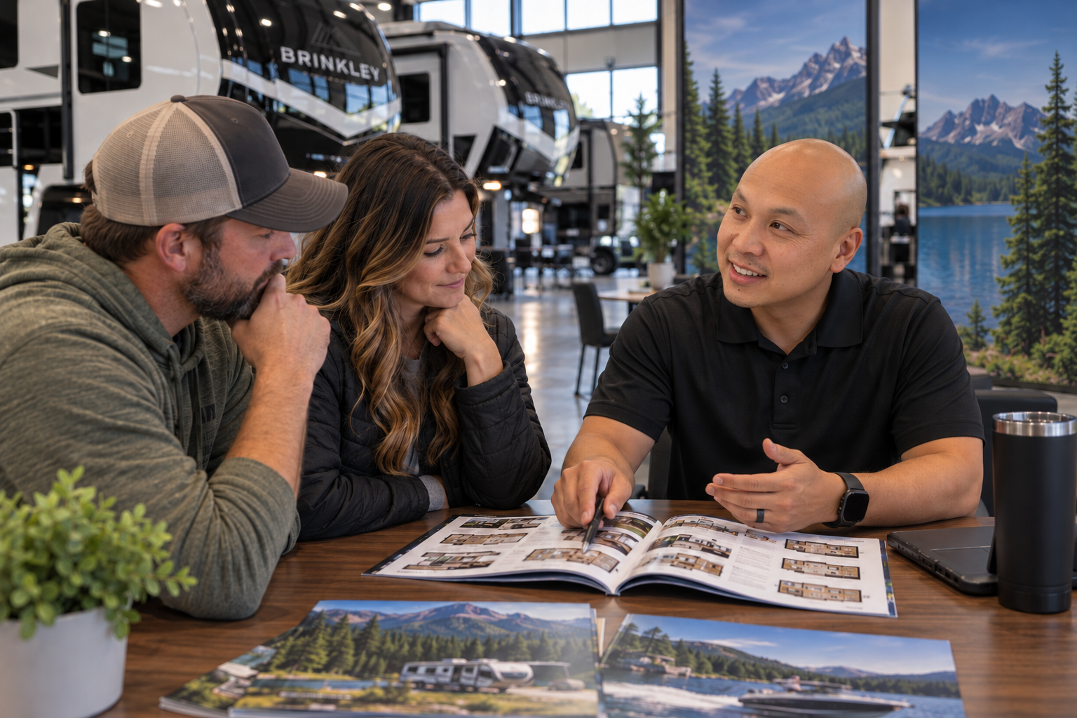 Si reviews RV floorplans in a brochure with a couple at a showroom table