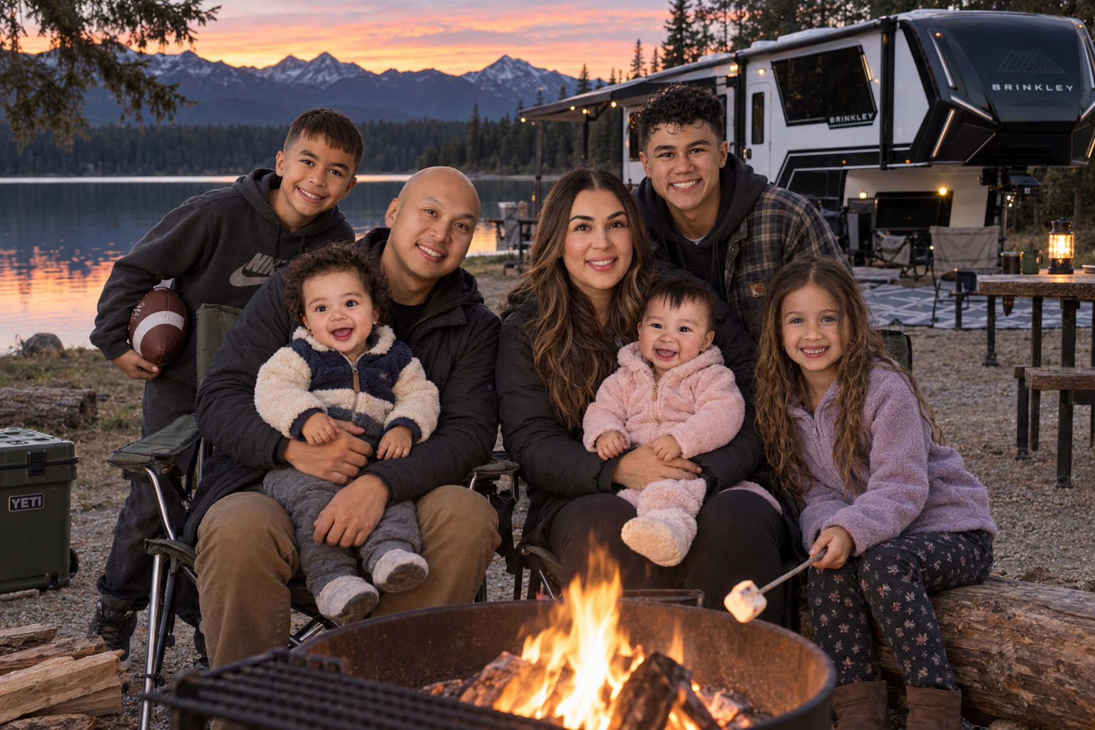 Si and his family of seven gathered around a campfire beside a mountain lake at twilight