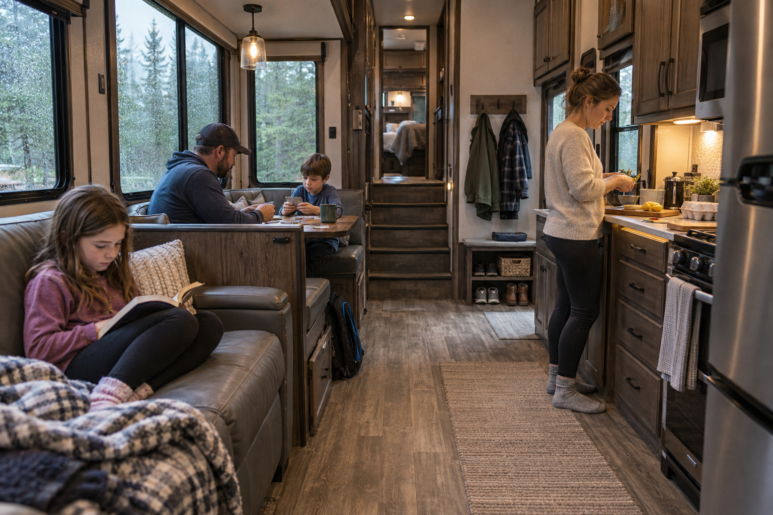 Family sharing an RV interior on a rainy day, with a parent preparing food, two people playing cards, and a child reading beside a clear walkway.