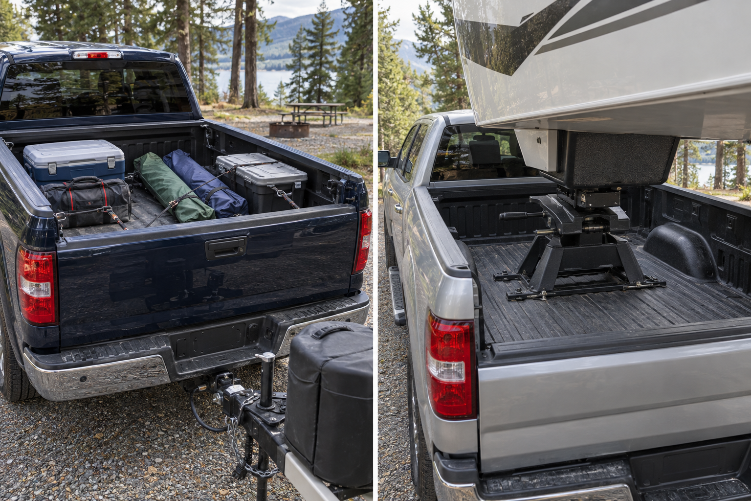 Side-by-side pickup beds showing secured camping gear while towing a travel trailer and the space occupied by a fifth-wheel hitch.