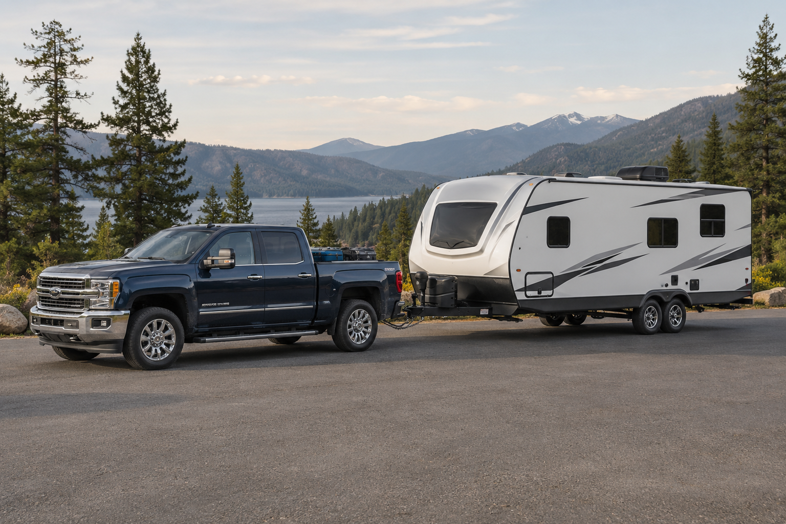 Pickup truck hitched to a travel trailer at a lakeside turnout, showing the full combination against forested mountains.