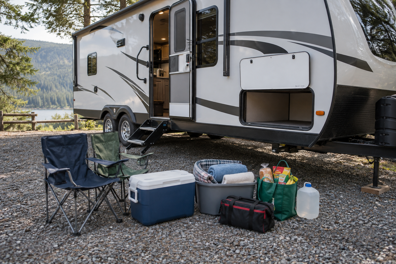 Camping chairs, a cooler, bedding, groceries, tools, and water beside a travel trailer with an open storage compartment.