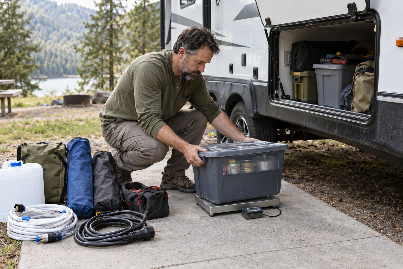 RV owner weighing a tote of camping supplies beside an open storage compartment, with water, hoses, chairs, and tools nearby.