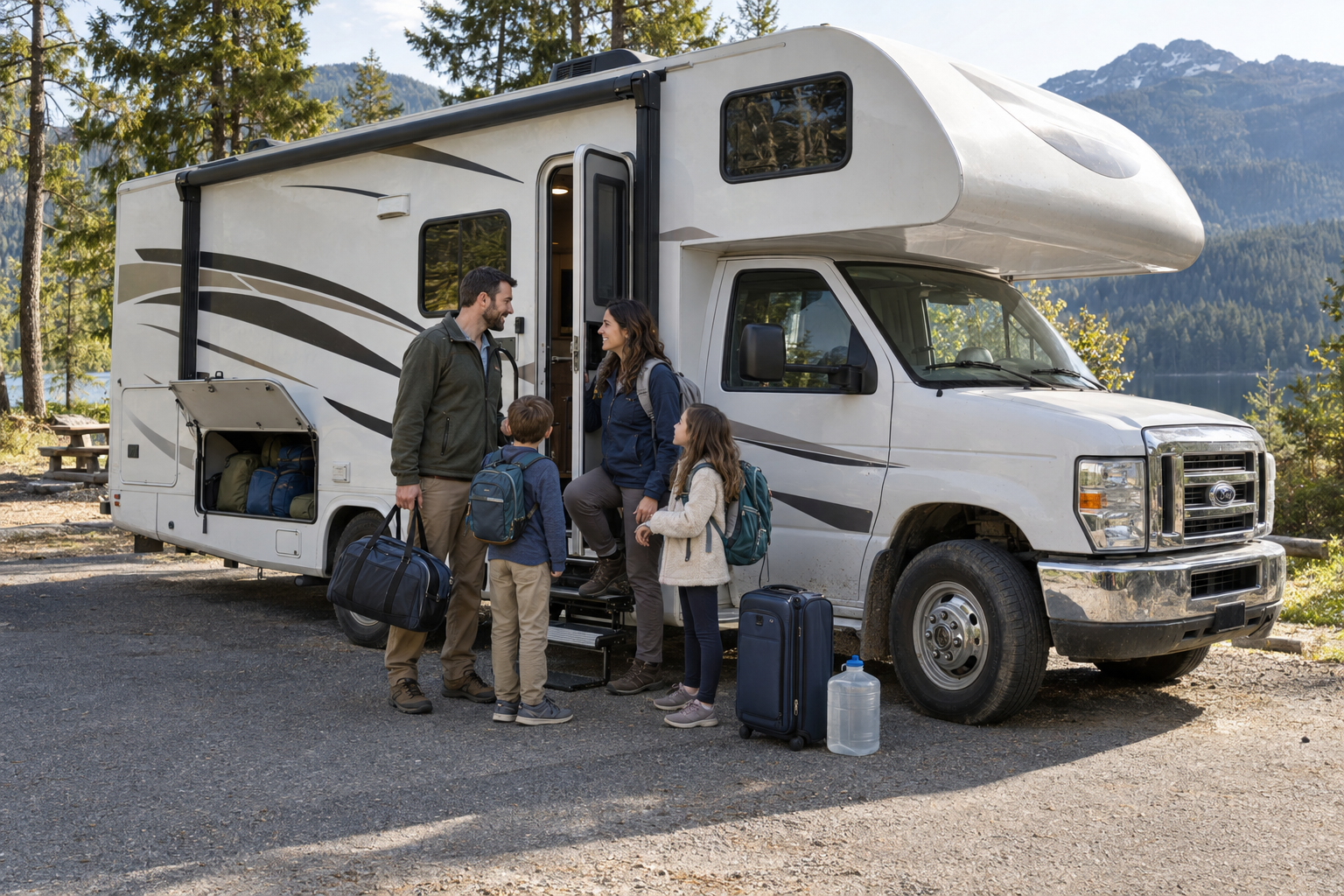 Family of four preparing to board a Class C motorhome with backpacks, luggage, and a water container at a mountain campsite.