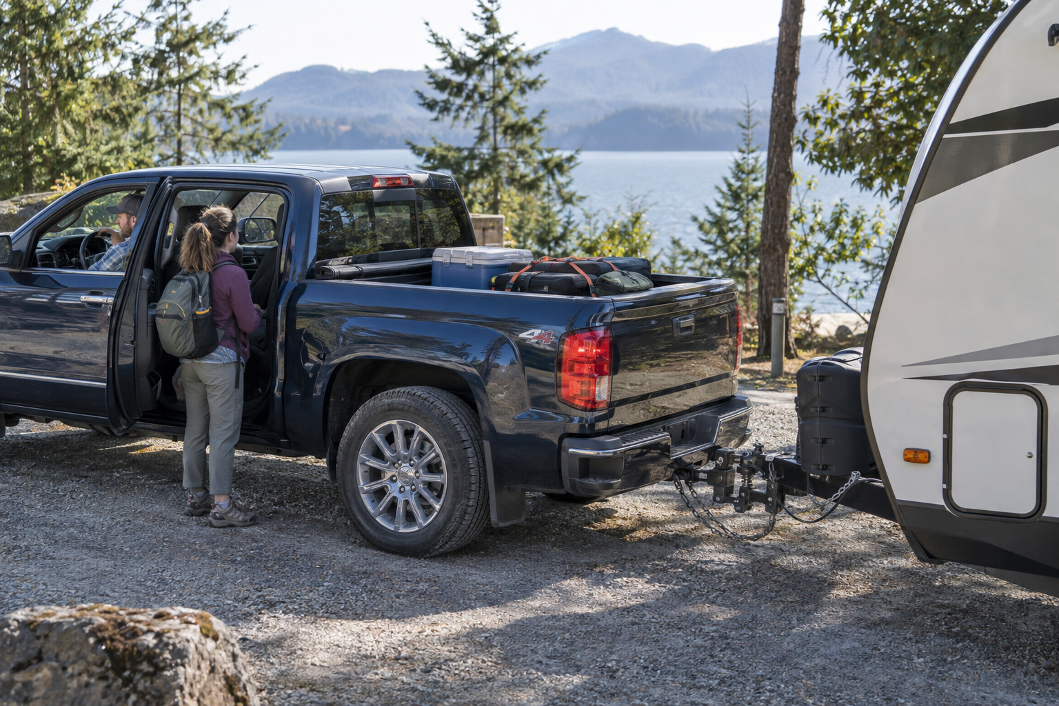Travelers preparing to leave in a pickup with camping gear secured in its bed and a travel trailer connected to the rear hitch.